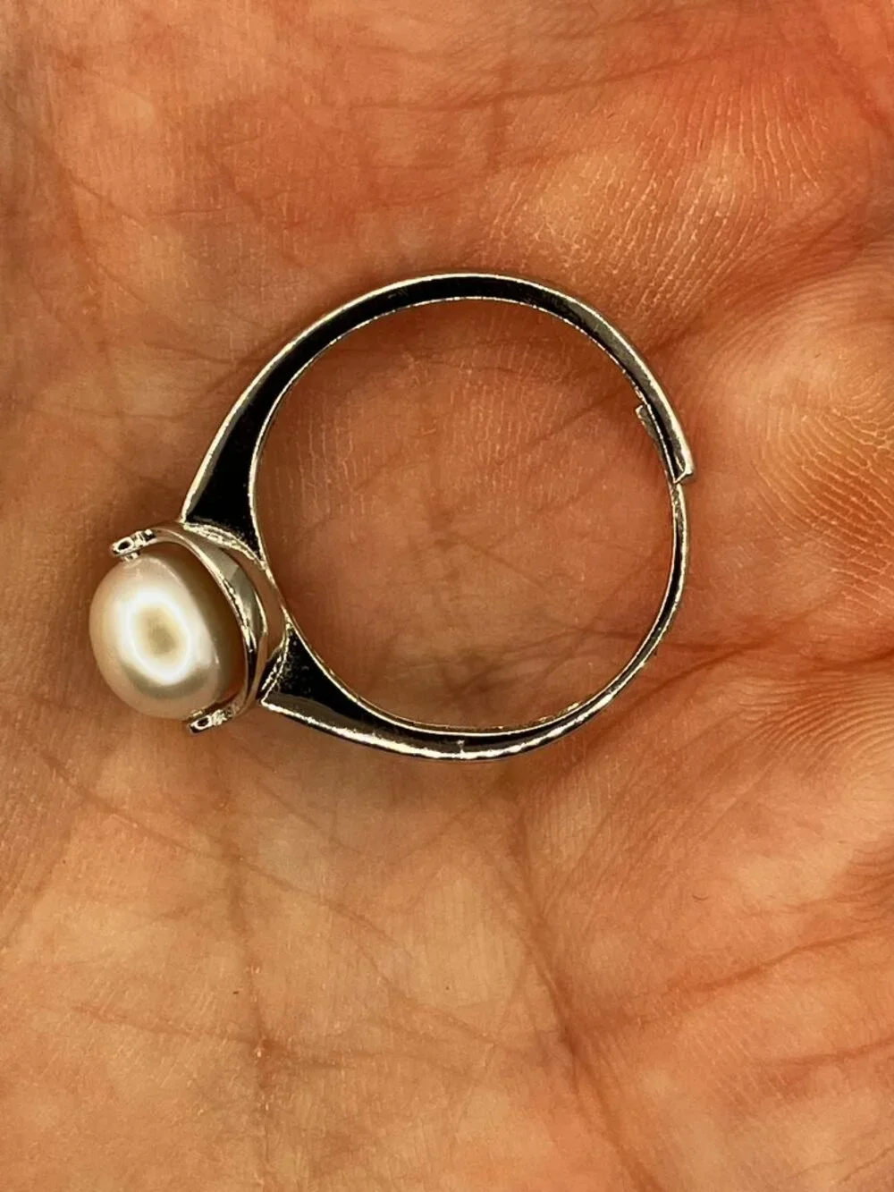 .925 Sterling Silver Genuine White Pearl 925 Stamped Adjustable Ring in Gift Box